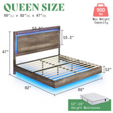 AMERLIFE Farmhouse Floating Queen Bed Frame with Recline Headboard and RGB LED Lights - Washed Gray AMERLIFE