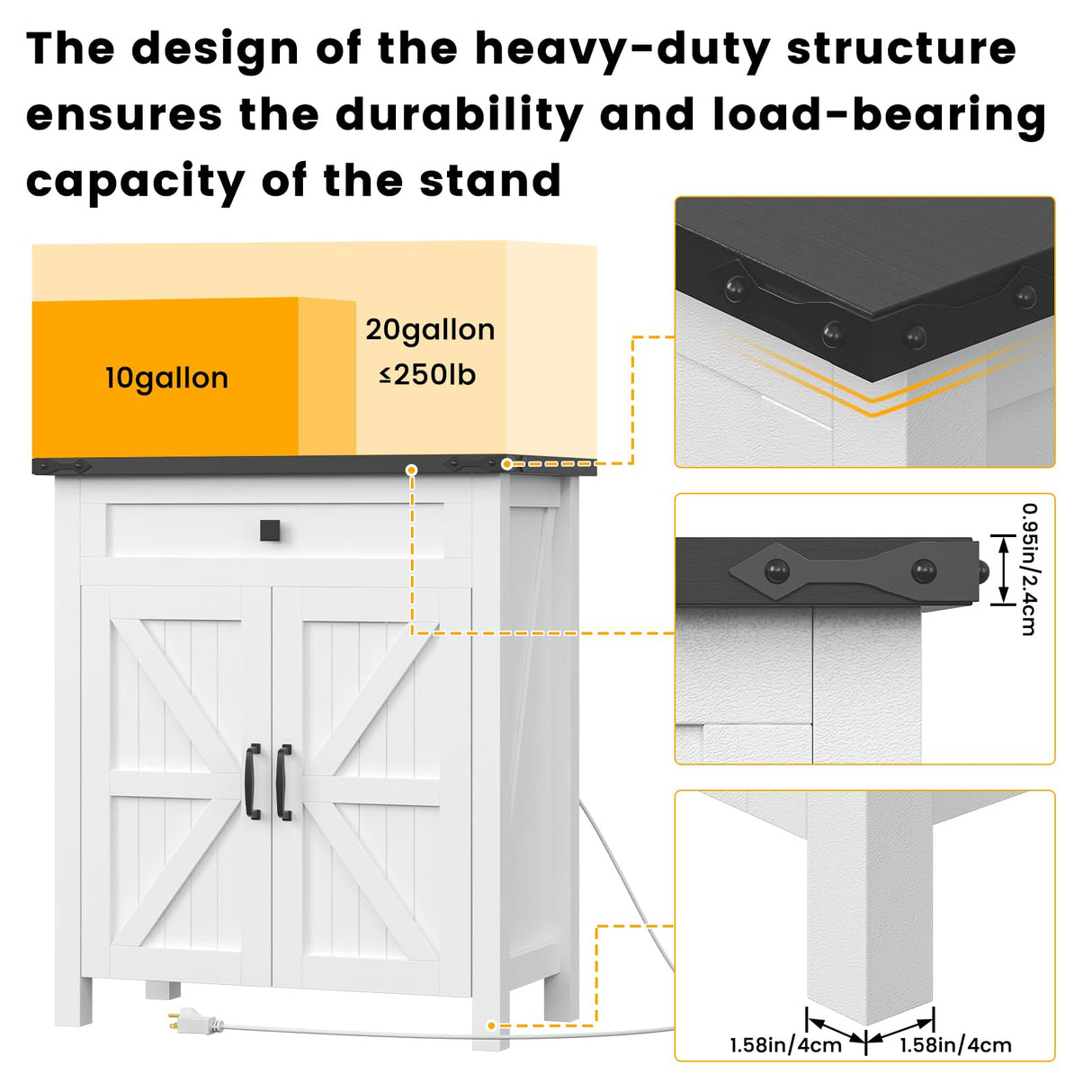 Suadism 20 Gallon Aquarium Stand With Charging Station, Farmhouse Fish Tank Stand, Reptile Tank Stand Terrarium Stand with Drawer and Cabinet Storage, Sturdy Heavy Duty 27.6"×15.7" Tabletop - White Saudism