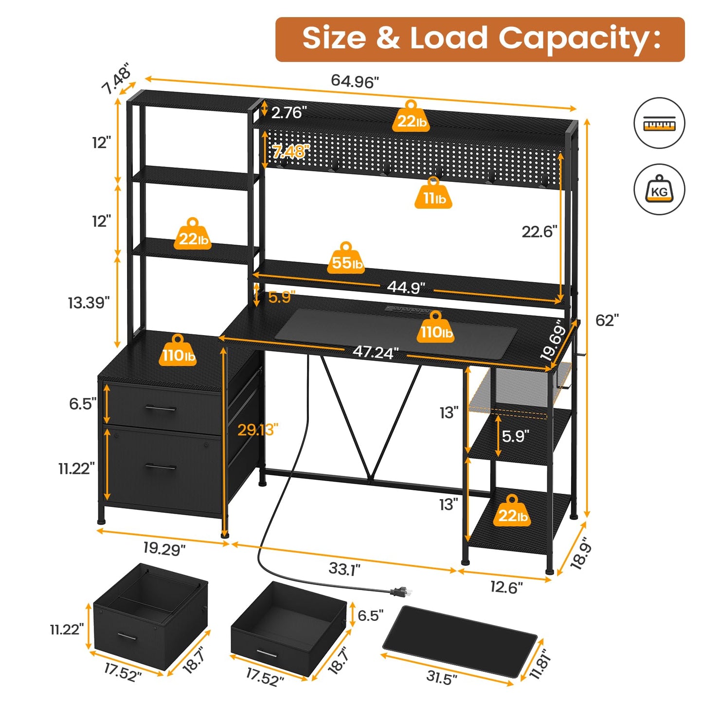 Gaming Desk with Hutch, 65in Reversible Computer Desk with Power Outlets LED Light, Home Office Desk with Monitor Stand 2 Drawers 4 Storage Shelves Pegboard 8 Hooks Mouse Pad(Carbon Fiber Black)