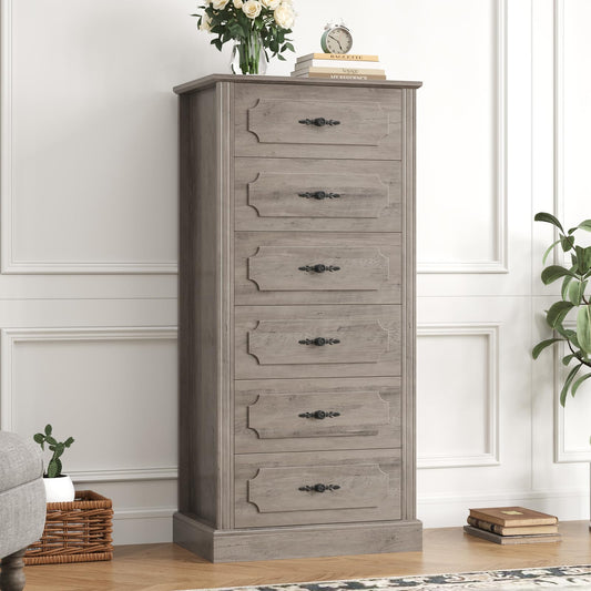 finetones 6 Drawer Grey Dresser, 51" Tall Dresser Wood Dresser Chest of Drawers with Large Storage Space, 6 Drawer Dresser Tall Floor Storage Cabinet for Home Office, Ash Grey - WoodArtSupply