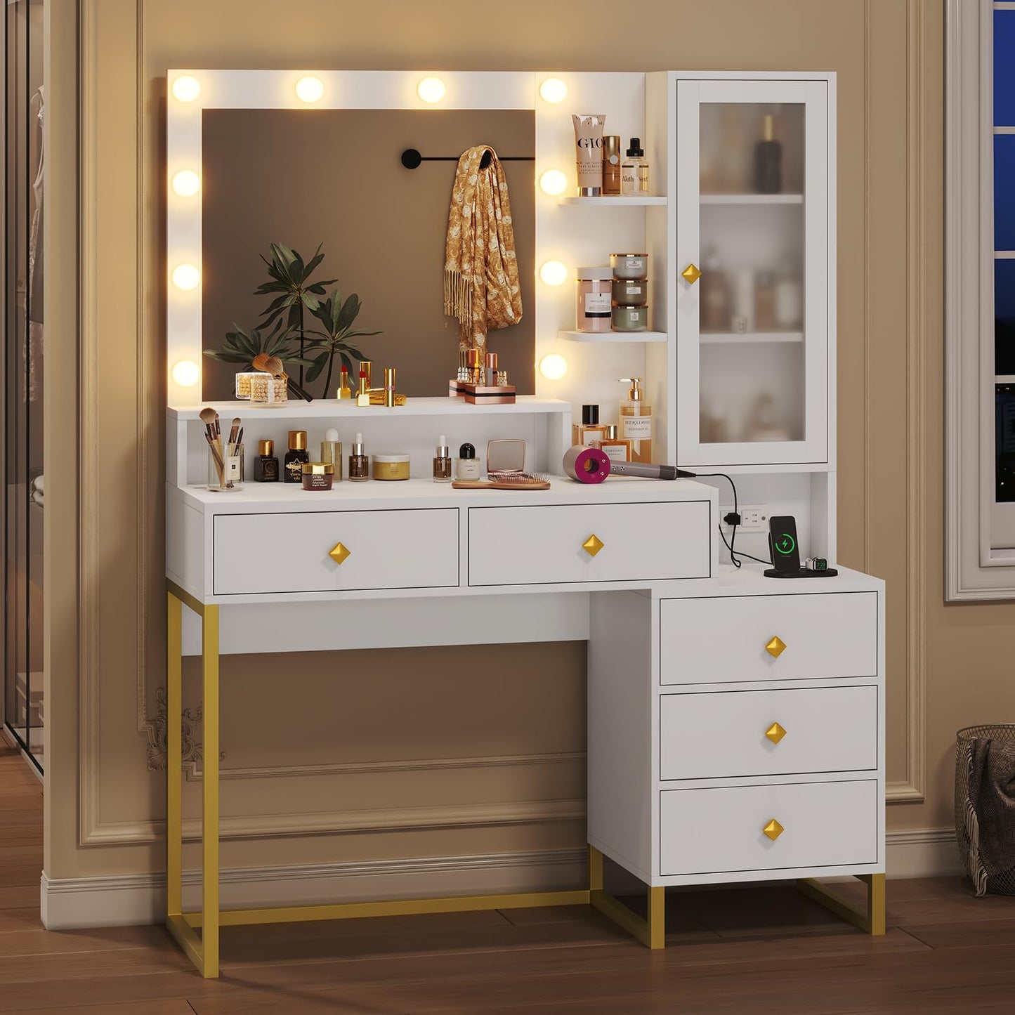 Tiptiper Large Makeup Vanity with Lights, Vanity Table with Charging Station Vanity Desk with Mirror and 10 LED Light Bulbs, Makeup Table with 5 Drawers, Nightstand and Storage Shelves, White & Gold