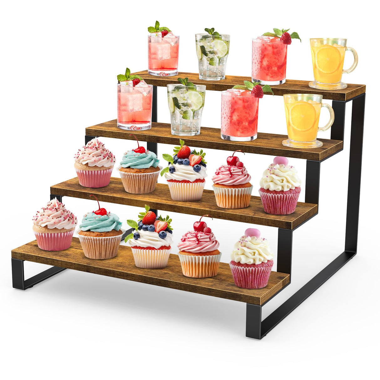 ELITEROO Wood Display Riser Stand, Wooden 4-Tier Retail Display Rack, Tiered Widened Display Stands Organizer, Open Display Shelf Table Top Counter Shelves for Cupcake Liquor Bottle Spice Perfume ELITEROO
