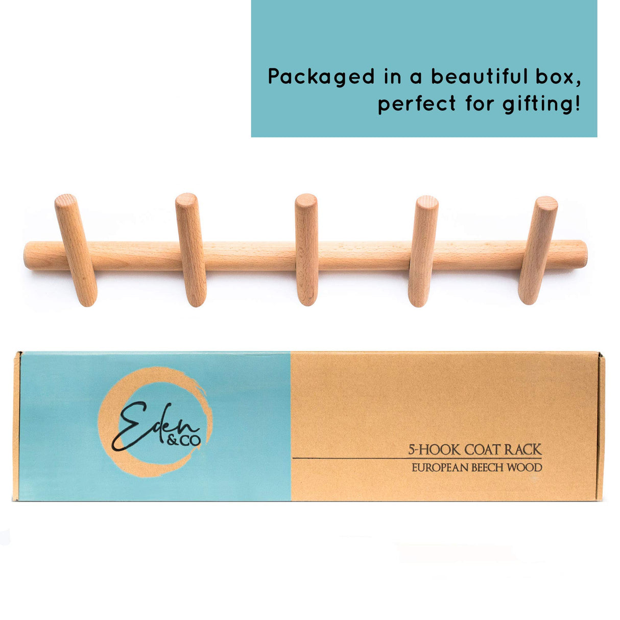 Eden & Co Modern Wall Mounted Coat and Hat Rack – 5 Hooks, Beautiful Wood Entryway Hanger with Pegs - Wooden Bedroom and Bathroom Robe Racks - Durable, Easy Assembly, Classic Design Eden & Co