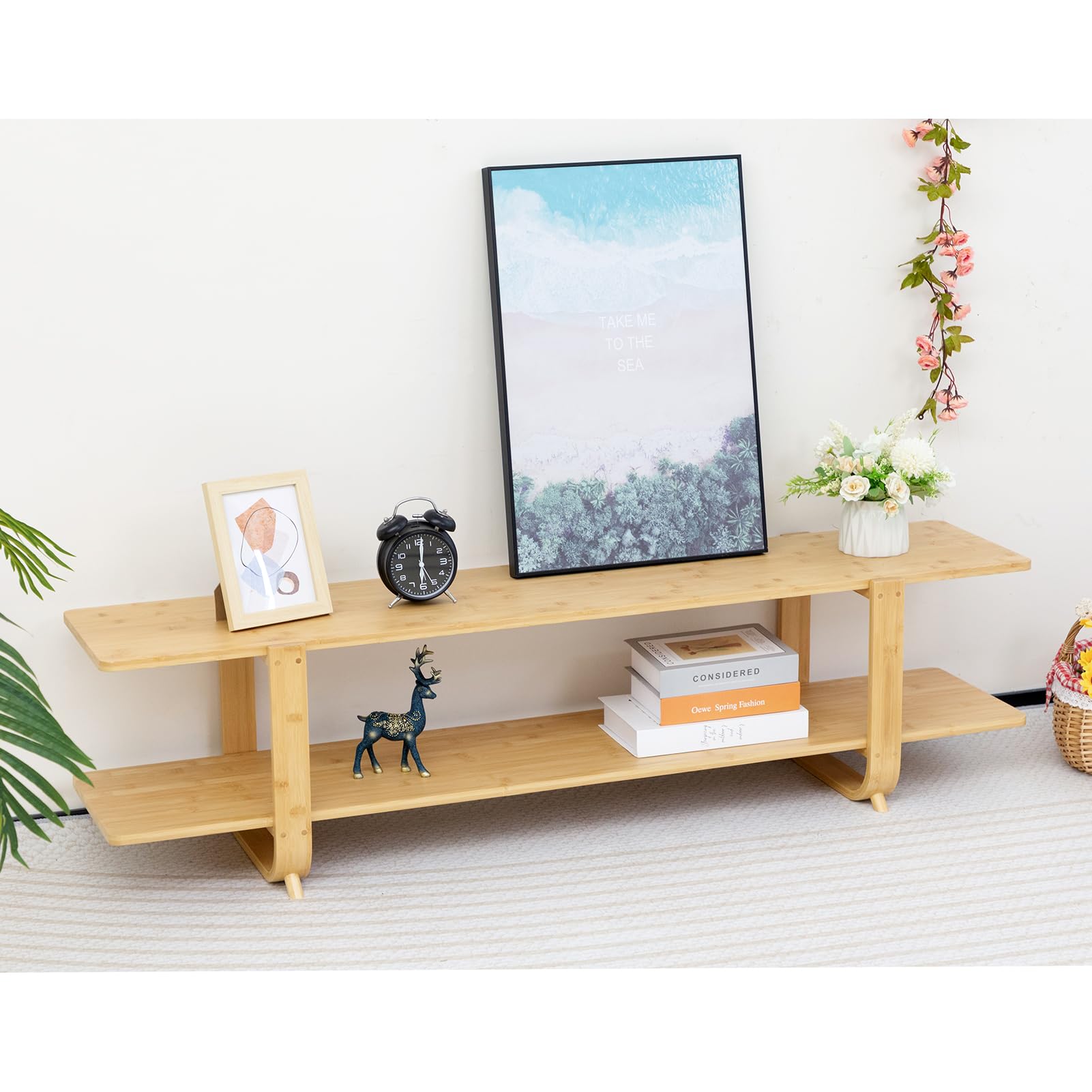 HollyHOME Bamboo TV Stand with Storage for TVs up to 65'', Modern Entertainment Center with 2 Open Shelf, Accent TV Media Console Table for Living Room, Bedroom, 55"(L), Burlywood - WoodArtSupply