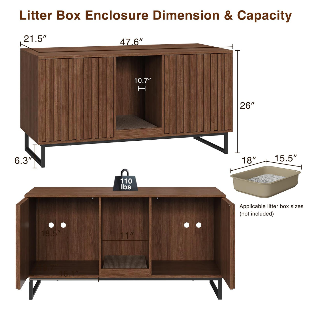 Vabches 47.2” Large Cat Litter Box Enclosure with Scratch Pad, Double Hidden Wooden Indoor Cat House, TV Stand Side Table Pet Washroom Furniture for 2 Cats, Walnut Vabches