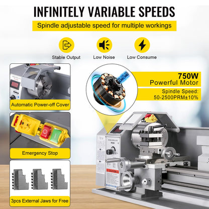 VEVOR Metal Lathe, 210x800 Mini Lathe Machine, 2500 RPM Variable Speed Change, 850W Precision Mini Lathe, Metal Working Lathe with Brushless Motor, Milling Machine for Various Metal Turning - WoodArtSupply