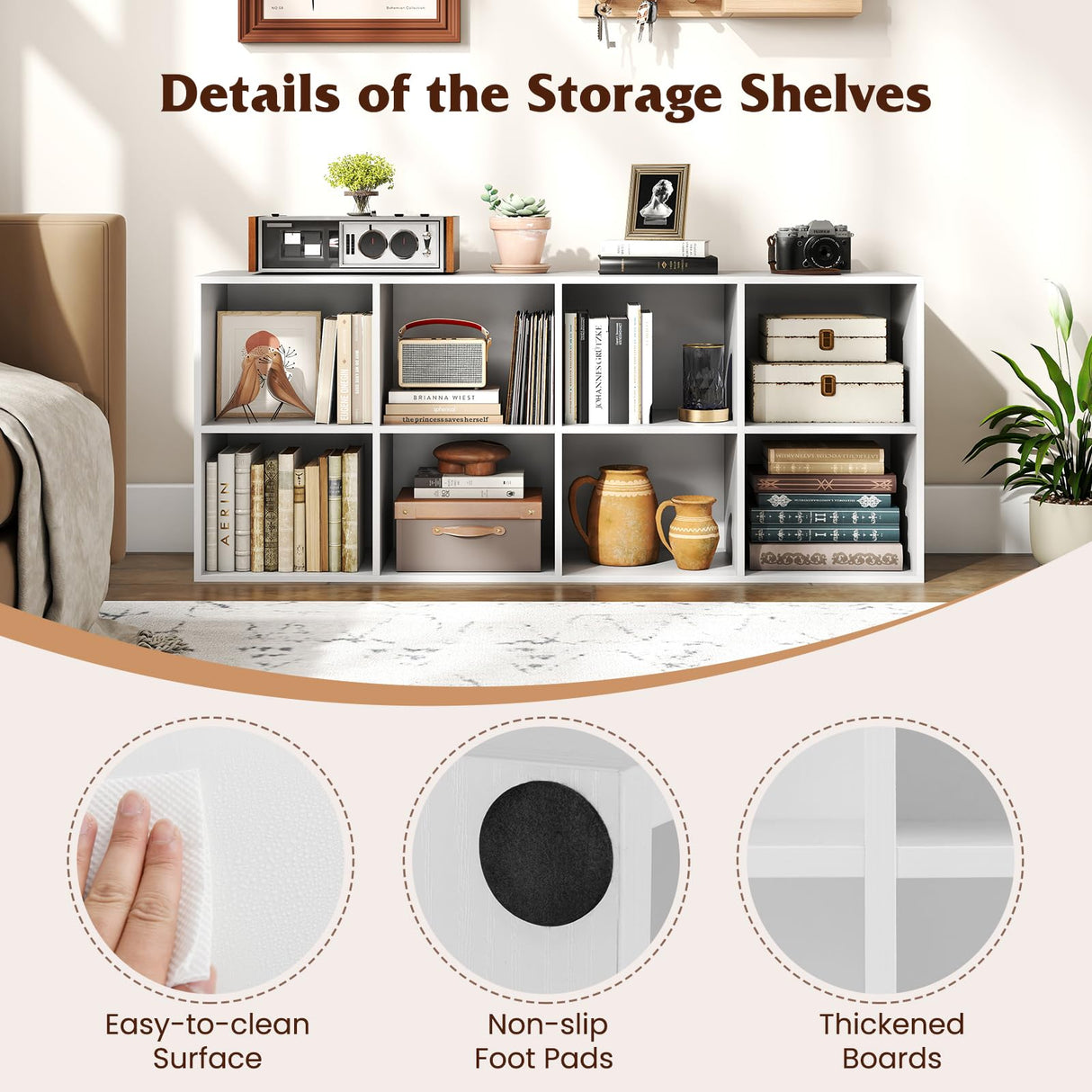 Tangkula 8-Cube Bookcase, Large Floor Standing Horizontal Bookshelf with 8 Open Shelves & 2 Anti-Tipping Kits, Home Office Wooden Storage Book Shelf for Living Room, Study (White, 8-Cube) Tangkula