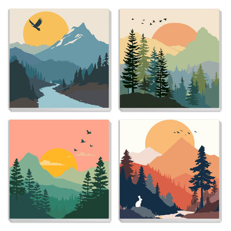 MXJSUA 4 Pack Sunset Mountain Paint by Numbers Kit with Framed Canvas for Ages 6-12 Kids, Paint by Numbers Kits for Children Beginners, Acrylic Oil Painting for Home Wall Decor Gift (8x8 inch) MXJSUA