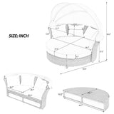 P PURLOVE Outdoor Canopy Bed Patio Daybed with 4 Pillows, Wicker Rattan Double Daybed Round Sofa Furniture Set with Retractable Canopy, 2-Person Outdoor Patio Bed for Lawn, Garden, Backyard (Grey) P PURLOVE