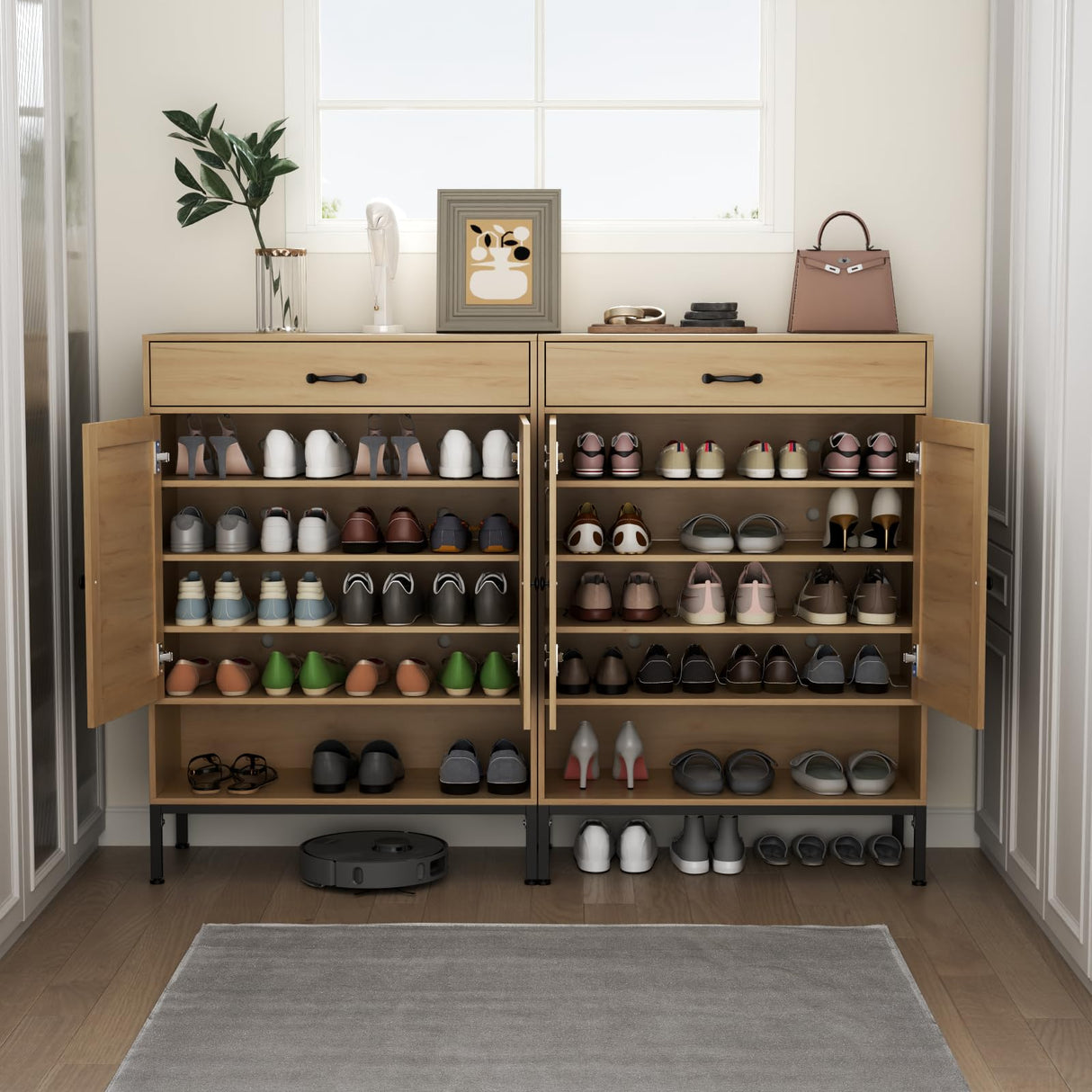 Loomie Rattan 5-Tier Shoe Storage Cabinet with Doors, Drawer & Cubby, 44.3" Boho Shoe Organizer for Entryway Hallway Closet (Natural) Loomie