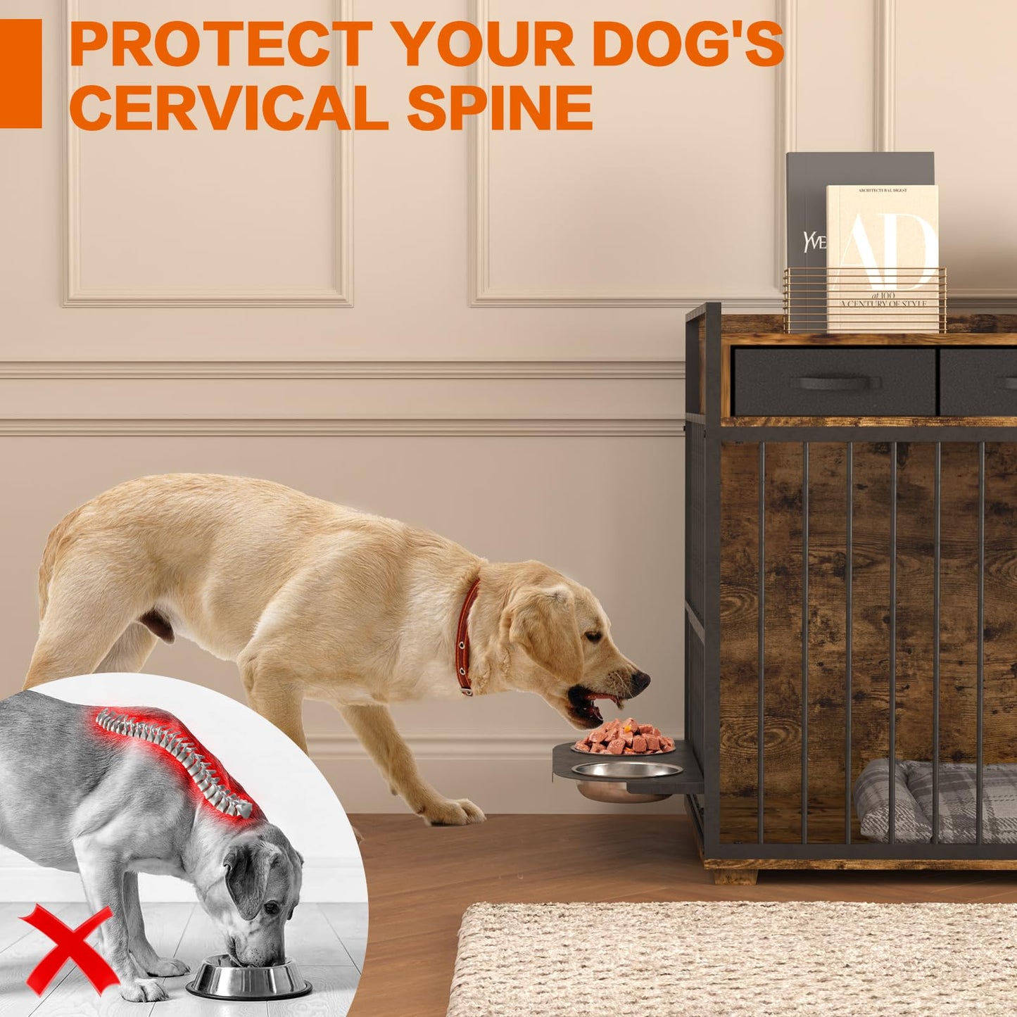 Dog Crate Furniture,86.6 Inch Heavy Duty Metal Frame Double Dog Crate Kennel Cage Furniture with 6 Fabric Storage Drawers,Adjustable Feeder Bowls & Removable Divider - WoodArtSupply