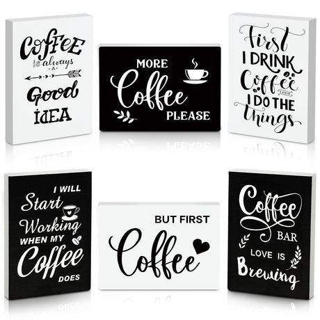 Woanger 6 Pcs Mini Coffee Bar Sign Wooden Farmhouse Coffee Bar Decor But First Coffee Sign Small Coffee Table Sign Vintage Kitchen Wood Plaque for Tiered Tray Decor Home Decorations,3.5 x 2.5 in Woanger