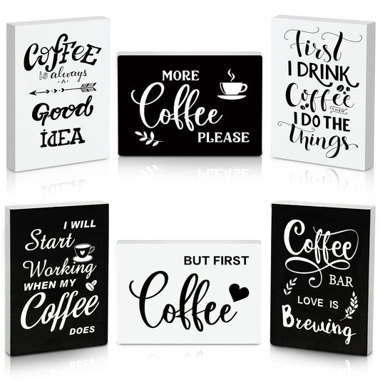 Woanger 6 Pcs Mini Coffee Bar Sign Wooden Farmhouse Coffee Bar Decor But First Coffee Sign Small Coffee Table Sign Vintage Kitchen Wood Plaque for Tiered Tray Decor Home Decorations,3.5 x 2.5 - WoodArtSupply