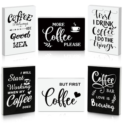 Woanger 6 Pcs Mini Coffee Bar Sign Wooden Farmhouse Coffee Bar Decor But First Coffee Sign Small Coffee Table Sign Vintage Kitchen Wood Plaque for Tiered Tray Decor Home Decorations,3.5 x 2.5 in