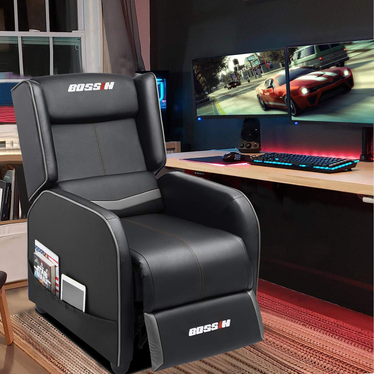 LEMBERI Gaming Recliner Chair for Adults, PU Leather Home Theater Seating Video Game Chairs for Living Room Ergonomic Racing Style Single Movie Gamer Lounge Sofa Grey LEMBERI