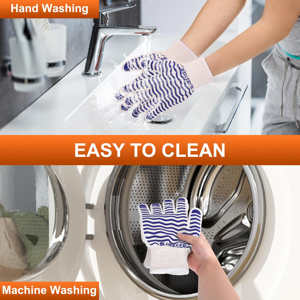 Oven Gloves, 932°F Heat Resistant Gloves, Oven Mitts with Fingers, Grill Gloves Heat Proof for Men Women, BBQ Gloves Silicone Grip, BLUESTEER Fireproof Gloves for Kitchen Cooking, Grilling, Baking BLUESTEER