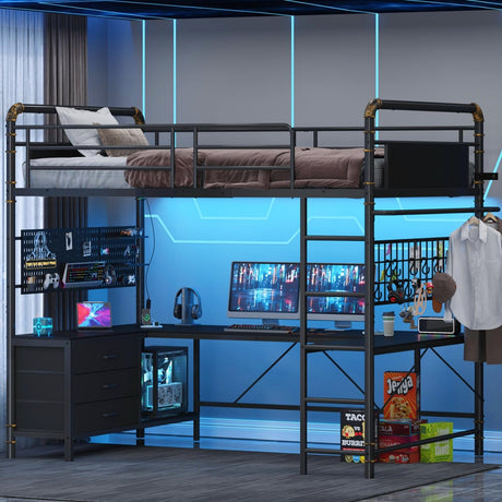 Twin Size Loft Bed with U-Shaped Desk & RGB LED Lights, Twin Loft Metal Bed Frame with Charging Station Bunk loft bed with 3 Drawers, Safety Guard & Ladder, 3 Pegboards, No Box Spring Needed, BlacK CSZZD