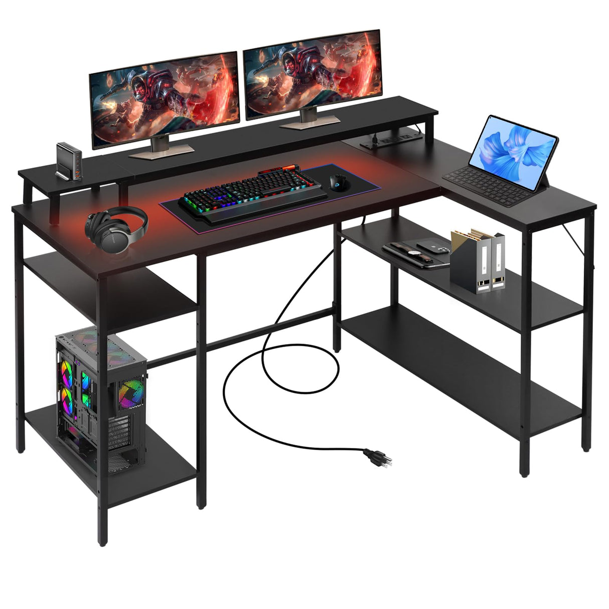 Panana L Shaped Gaming Desk with LED Lights & Power Outlets, Reversible Computer Desk with Stand & Shelves, Corner Desk Home Office Desk with USB Charging Port (Black) Panana