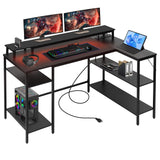 Panana L Shaped Gaming Desk with LED Lights & Power Outlets, Reversible Computer Desk with Stand & Shelves, Corner Desk Home Office Desk with USB Charging Port (Black) Panana