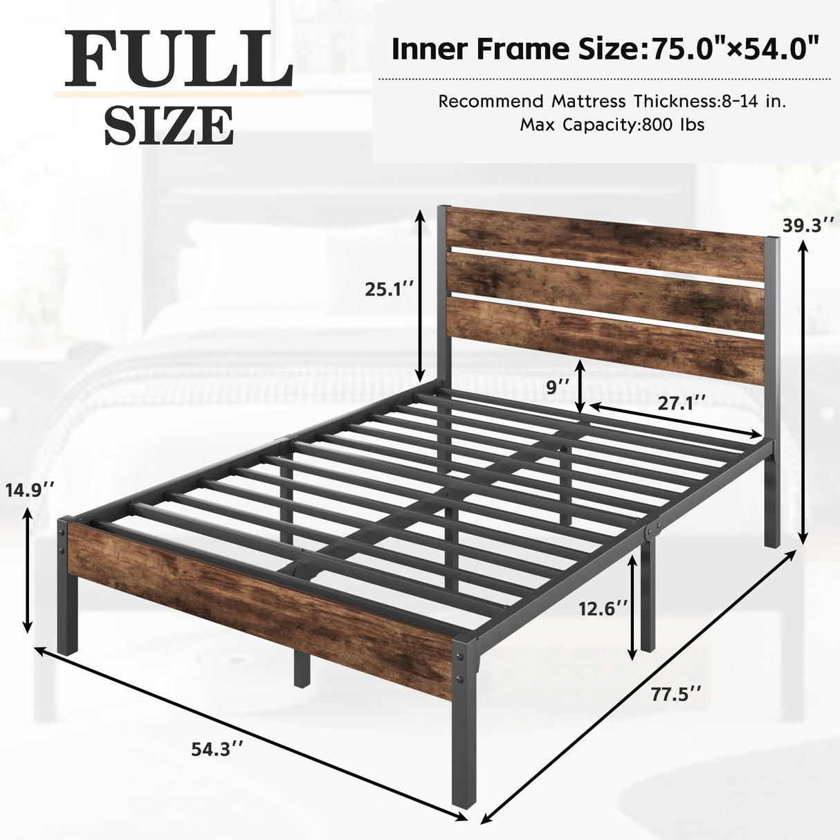Lifezone Full Bed Frame with Headboard and Footboard, Metal Full Bed Frame with Under-Bed Storage, All-Metal Support System, No Box Spring Needed, Easily Assemble, Vintage Brown Lifezone