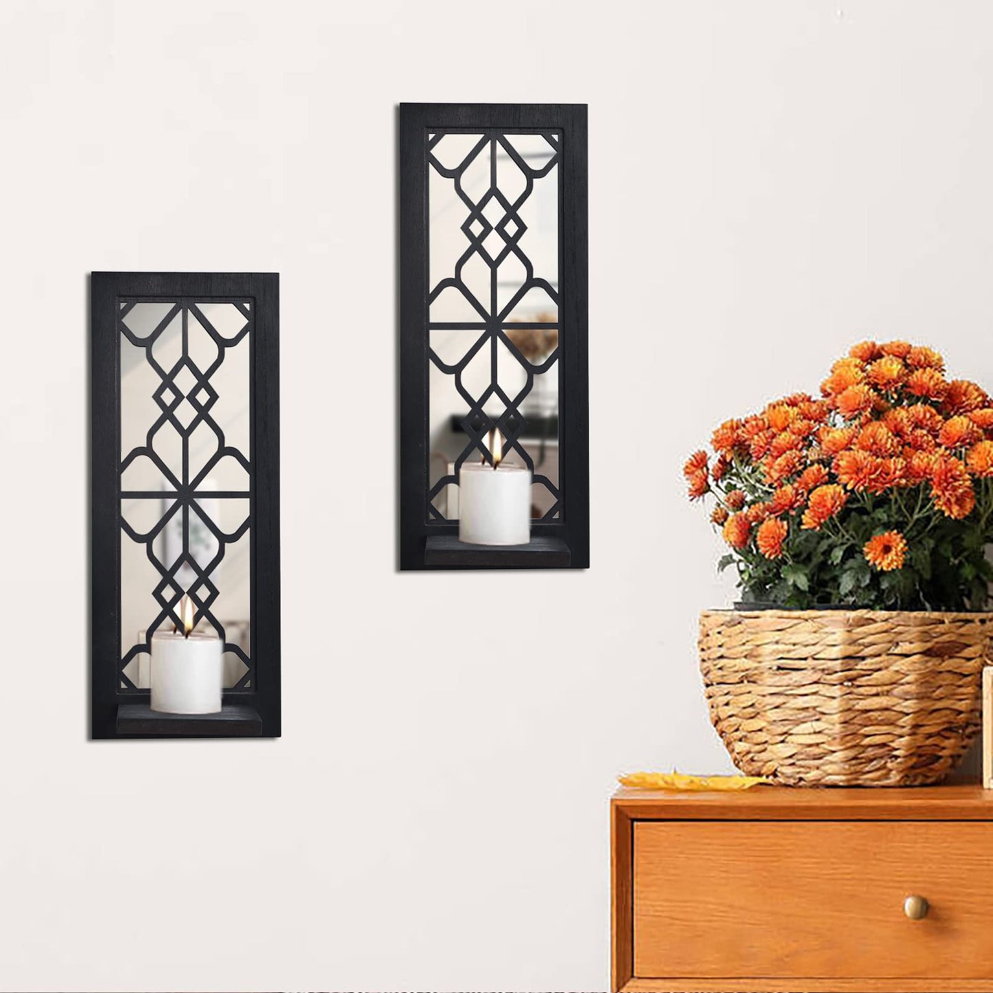 Wood Wall Sconce Candle Holder Set 2, Rustic, Wall-Mount, Farmhouse Hanging Wall Décor, Carved Wood Frame, Mirrored Candle Holder (Black) - WoodArtSupply