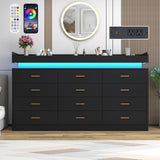 12 Drawer Dresser with LED Light and Charging Station, 70" Modern Chest of Drawers for Closet, Wide Drawer Organizer Cabinet for Bedroom, Living Room, Entryway, Hallway, Black Hlivelood
