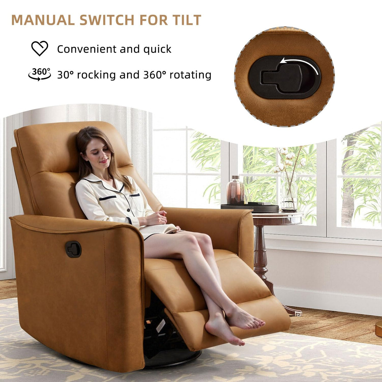 CANMOV Swivel Rocker Recliner, Glider Rocking Chair, Nursing Chairs Swivel Glider Recliners with Soft Backrest, Leathaire Manual Reclining Sofa for Living Room Bedroom Apartment, Brown CANMOV