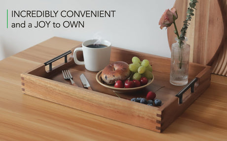 Joy&Grace Acacia Wooden Serving Tray with Metal Handles 16.7 x 12.8 inch Decorative Ottoman Tray for Living Room Coffee Table (Color Natural) Joy&Grace