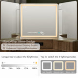 T4TREAM Fluted Makeup Vanity Desk with 3 Way Mirror and Lights, 48" Large Corner Vanity Table with Glass Top, Charging Station, 3 Drawers, Storage Cabinets & Shelves, for Bedroom, Natural Oak T4TREAM