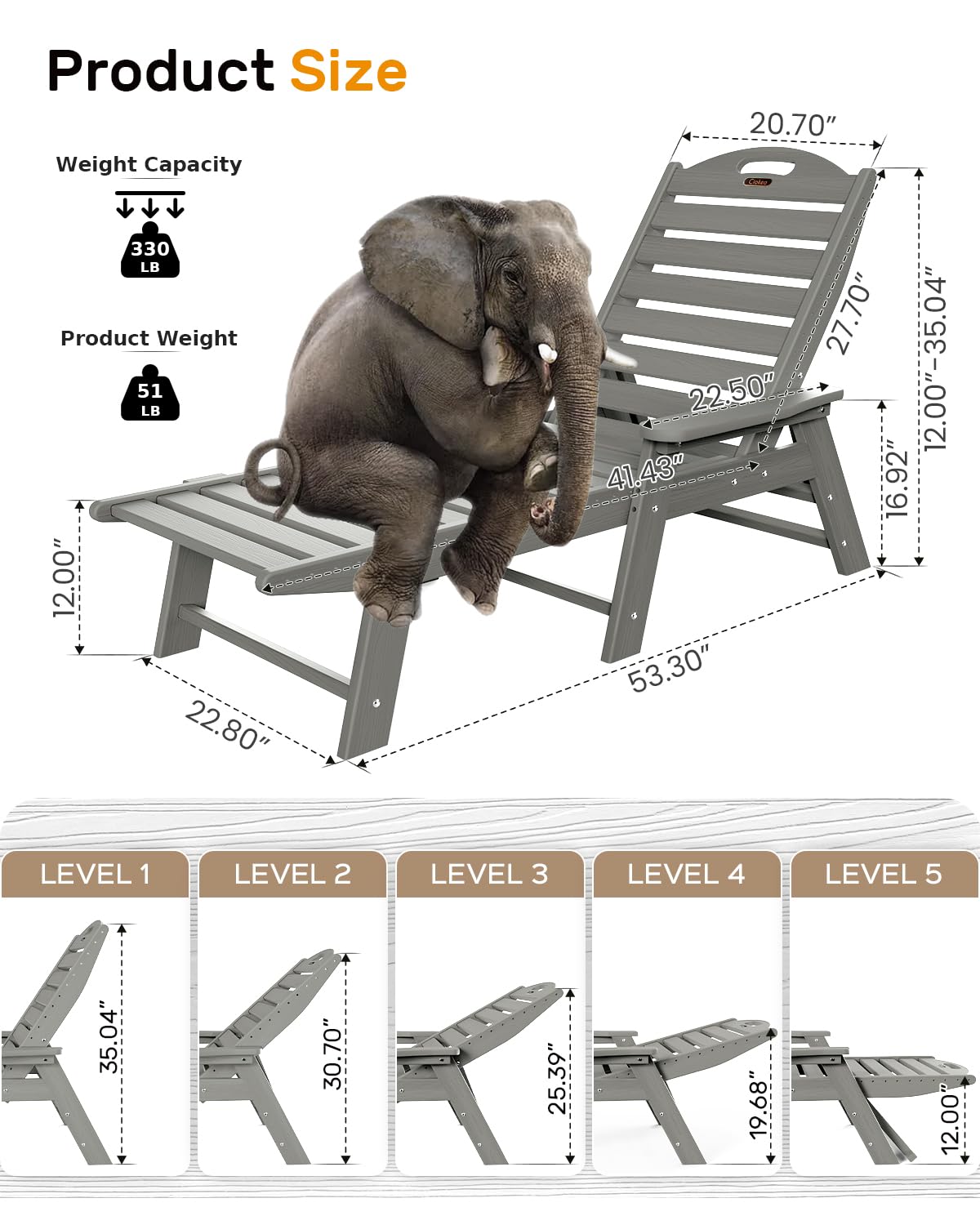 Ciokea Chaise Lounge Chair Outdoor with Wood Texture, Adjustable 5-Position Chaise Lounge Outdoor, Patio Lounge Chair for Poolside Backyard, Grey