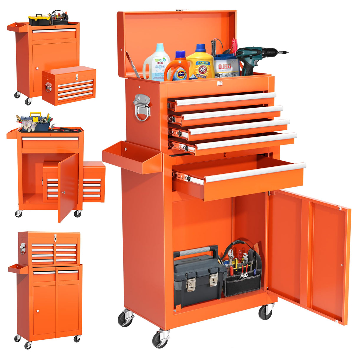 Greenvelly Metal Tool Chest,5-Drawer Rolling Tool Cart with Wheels,2 in 1 Detachable Tool Cabinets,Liners and Locking System for Warehouse, Garage,Workshop, Barbershop(Orange) Greenvelly