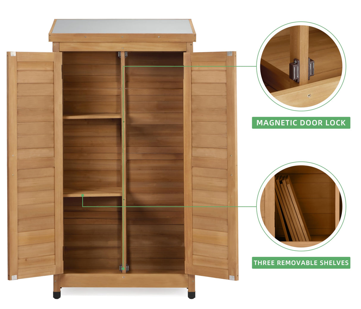 58''x30''x18'' Outdoor Wooden Storage Shed with Metal Top Tall Vertical Tool Cabinet for Backyard Garden Patio Lawn (Gold) Mederlo