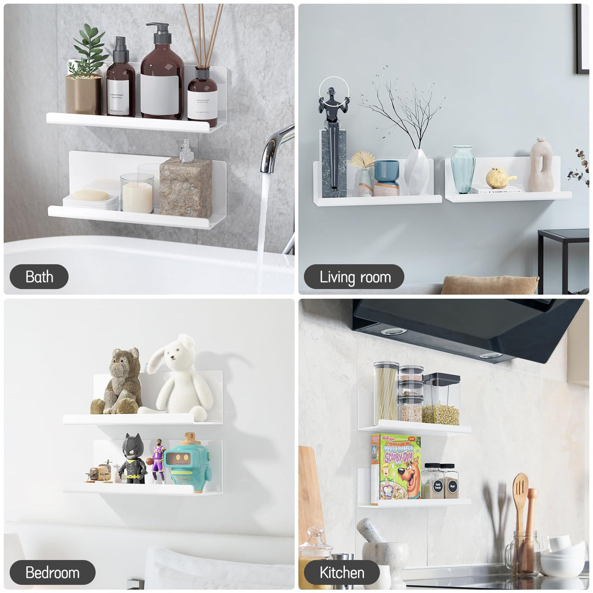 PAVSTINE Acrylic Wall Floating Shelves Set of 2, White 12 Inch Adhesive Organizer for Bathroom, Kitchen, Bedroom, Office, Gaming Room, No Wall Damage, No Drill PAVSTINE