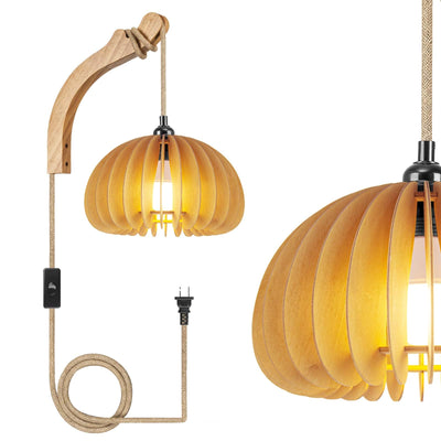 Wood Lantern Plug in Wall Sconces, Wicker Brackets Wall Lamp with Plug in Cord Hand Woven Rattan Bedside Reading Light, Wooden Globe Pumpkin Shade Hemp Rope Hanging Lamp for Living Room Bedroom
