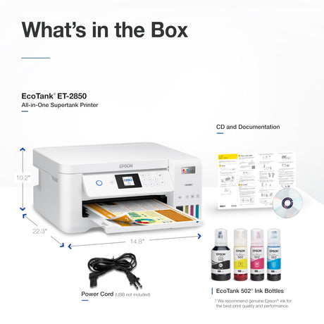 Epson EcoTank ET-2850 Wireless Color All-in-One Cartridge-Free Supertank Printer with Scan, Copy and Auto 2-Sided Printing - White, Medium Epson