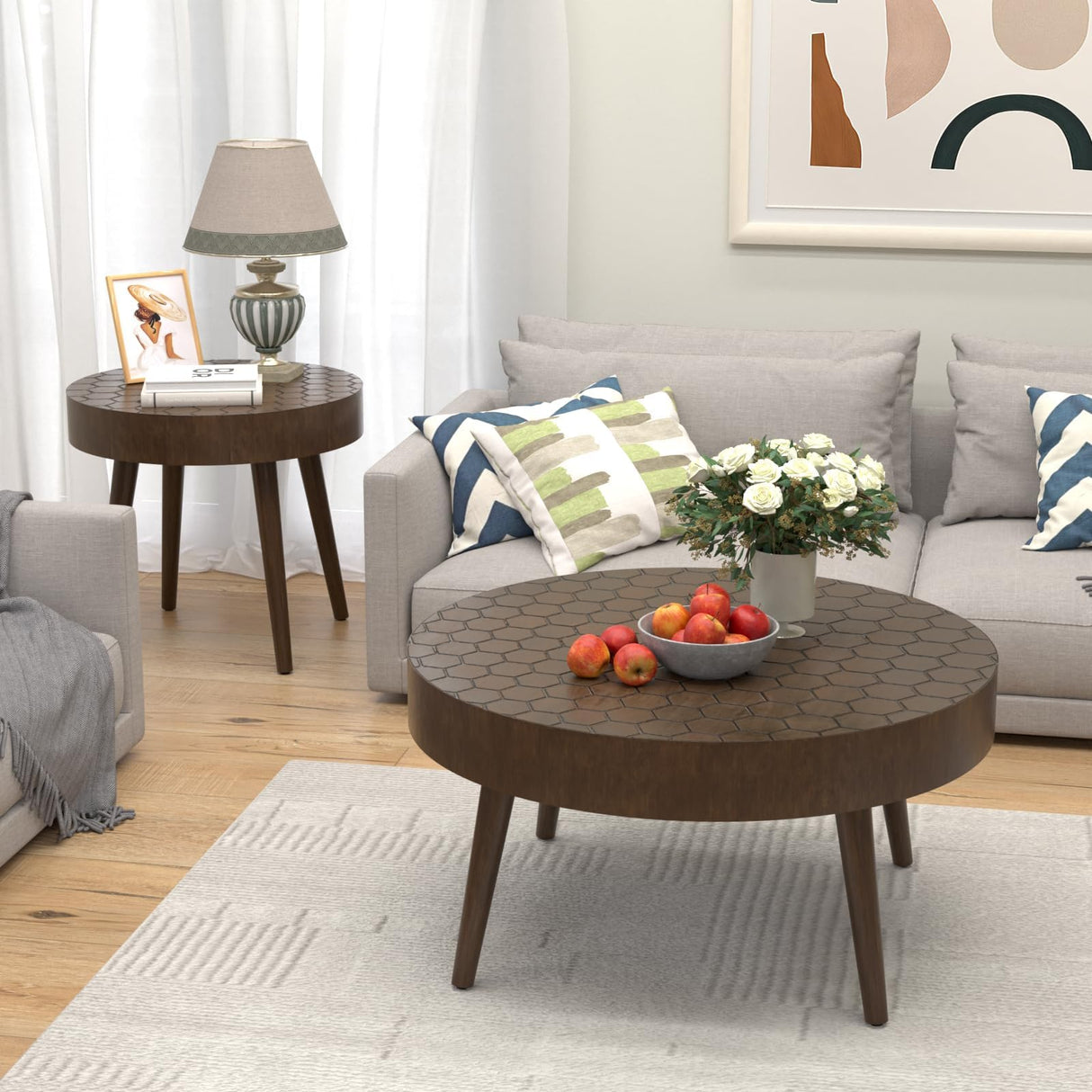 COSIEST Round Coffee Table Set of 2, Nesting Table with Honeycomb Pattern, Modern End Table Set of 2, Wood Cocktail Table for Living Room, Farmhouse, Brown COSIEST