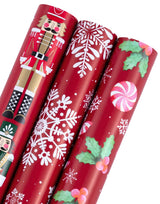 WRAPAHOLIC Christmas Wrapping Paper Roll - Mini Roll - 3 Rolls - 17 Inch x 120 Inch Per Roll - Red Nutcracker, Snowflake, Candy cane and Holly Holiday Collection WRAPAHOLIC