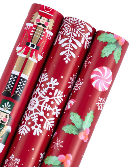 WRAPAHOLIC Christmas Wrapping Paper Roll - Mini Roll - 3 Rolls - 17 Inch x 120 Inch Per Roll - Red Nutcracker, Snowflake, Candy cane and Holly Holiday Collection WRAPAHOLIC