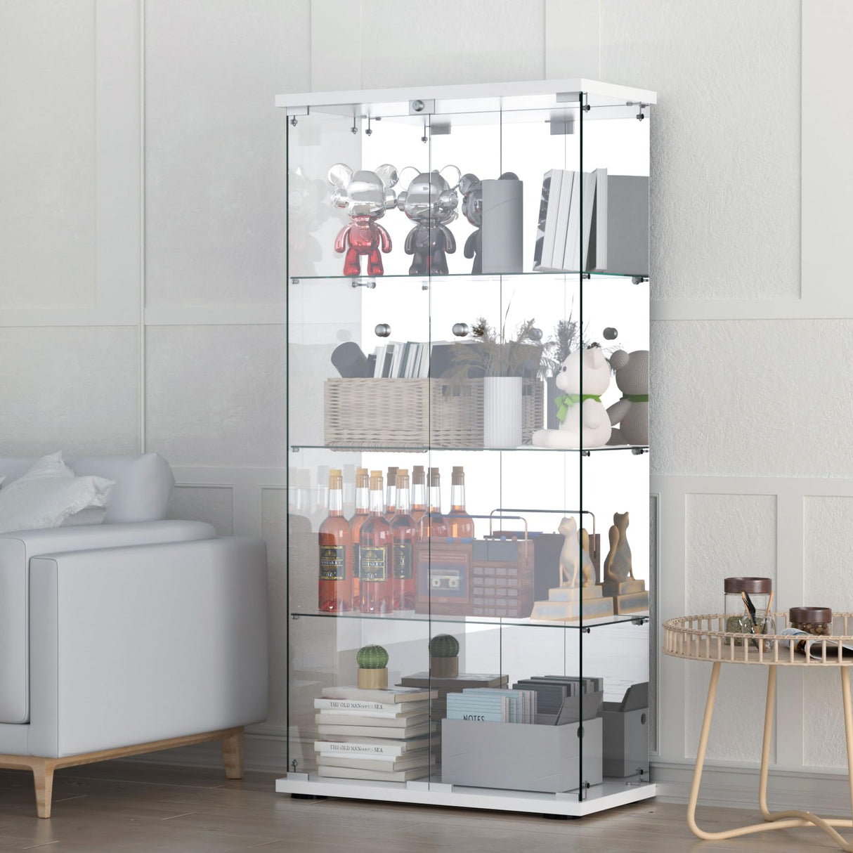 Display Cabinet with Mirror, Glass Door and Lock, 4-Shelf Fast Installation in 30Mins Curio Cabinet with 5mm Tempered Glass Floor Standing Bookshelf for Bedroom, Living Room, 65'' x32'' x14'', White GDJAASJI