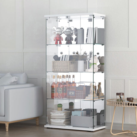 Display Cabinet with Mirror, Glass Door and Lock, 4-Shelf Fast Installation in 30Mins Curio Cabinet with 5mm Tempered Glass Floor Standing Bookshelf for Bedroom, Living Room, 65'' x32'' x14'', White GDJAASJI