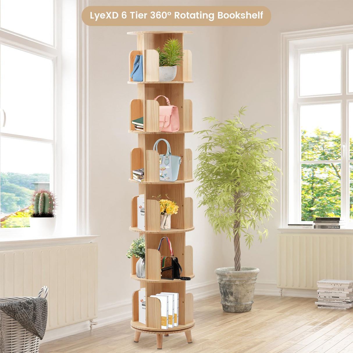 LyeXD 6-Tier Rotating Wood Bookshelf - Multi-Functional Display Bookcase for Any Room LyeXD