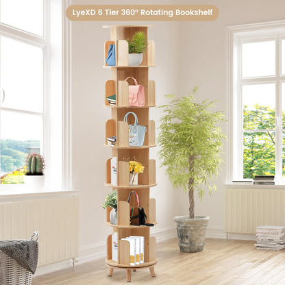 LyeXD 6-Tier Rotating Wood Bookshelf - Multi-Functional Display Bookcase for Any Room - WoodArtSupply