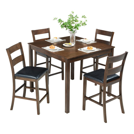 AMERLIFE Solid Wood 5-Piece Dining Table Set, Mid Century Modern Dining Set W/ 4 Chairs, Chairs with Curved Backrests & PU Cushioned, Space Saving, Black/Walnut AMERLIFE