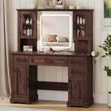 Maupvit Farmhouse Vanity Desk with Mirror and Lights, Makeup Vanity Table with Charging Station, 45" Bedroom Table with 4 Drawers and Cabinets, 3 Lighting Modes, Brown Maupvit