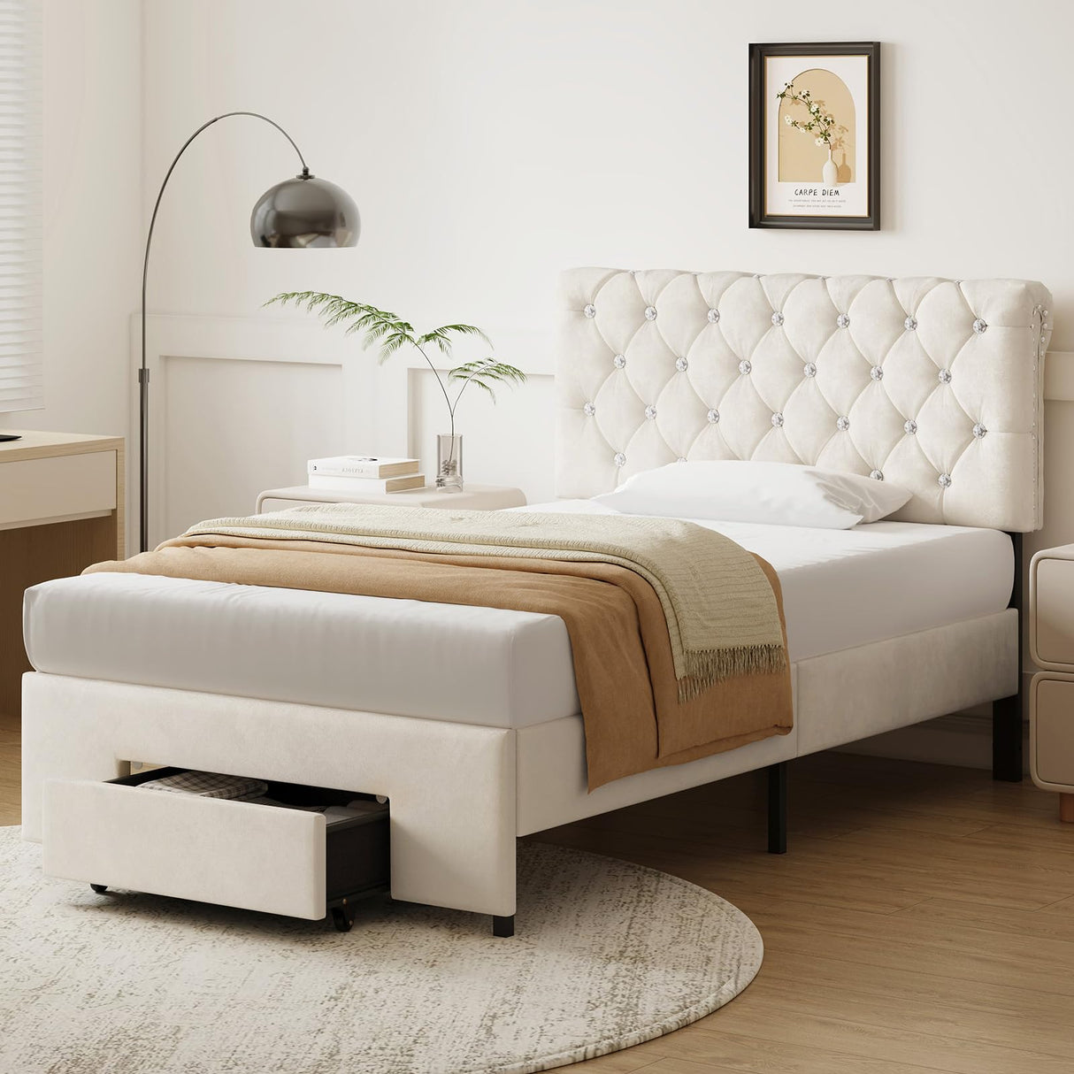 Belffin Twin Size Bed Frame with 1 Storage Drawer, Upholstered Bed Frame with Adjustable Diamond Headboard, Velvet Modern Platform Bed Frame, No Box Spring Needed, Easy to Assemble, Beige Belffin