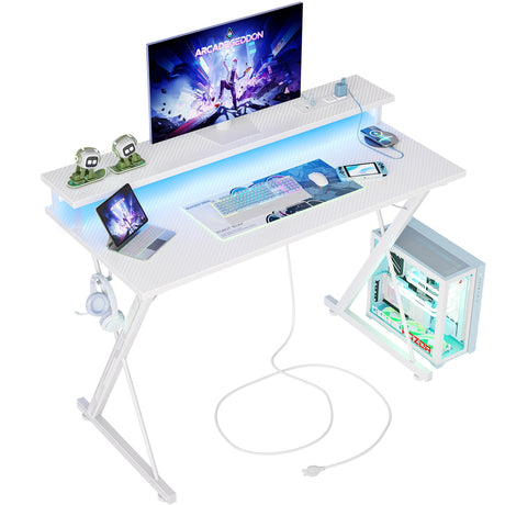 TIQLAB Gaming Desk with Power Outlets & LED 40 Inch Ergonomic Computer Carbon Fiber Surface Gamer Desk, Large Monitor Stand, Headphone Hook, PC Workstation for Bedroom, White Desk TIQLAB