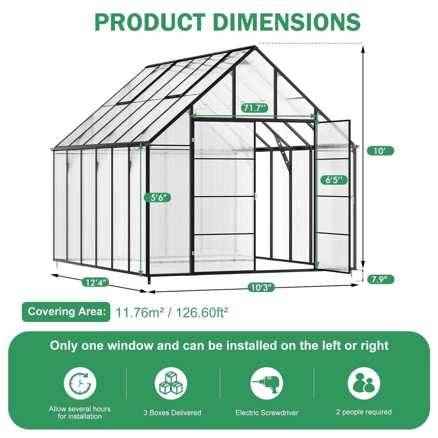 CDCASA 12x10x10 FT Greenhouse for Outdoors, Easy Assembly Large Aluminum Heavy Duty Polycarbonate Greenhouses Kit w/2 Vent Window, Swing Door, Walk-in Green House for Sunroom Patio, Backyard, Garden