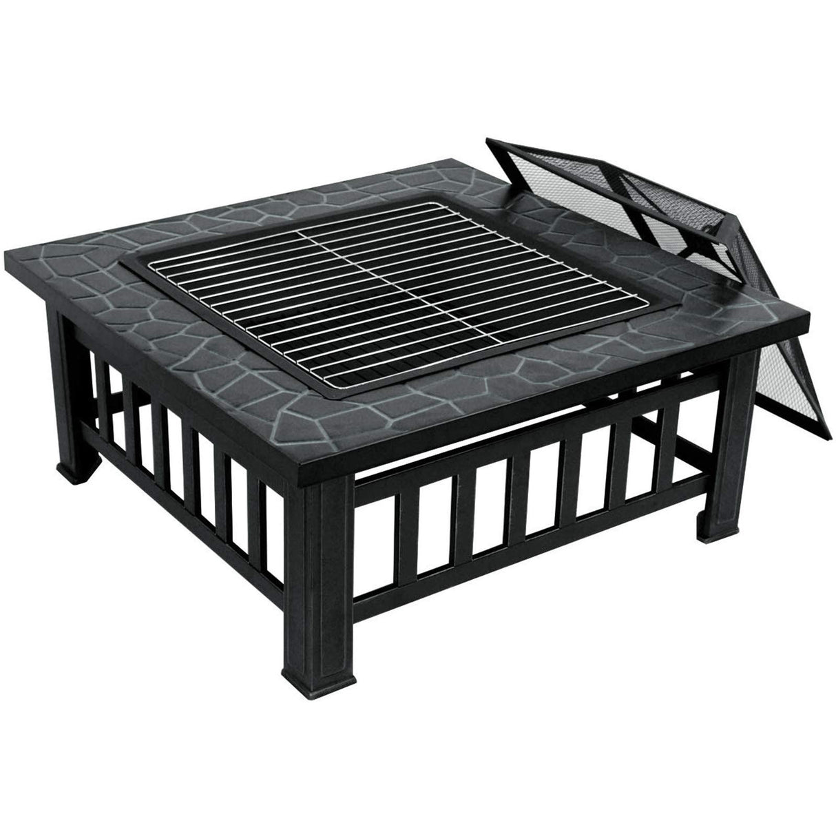 ZENY 32in Outdoor Fire Pits Outside Wood Burning Firepit Square Metal Fireplace Table Fire Bowl with Grill,Screen and Poker for Camping Bonfire Backyard BBQ ZENY