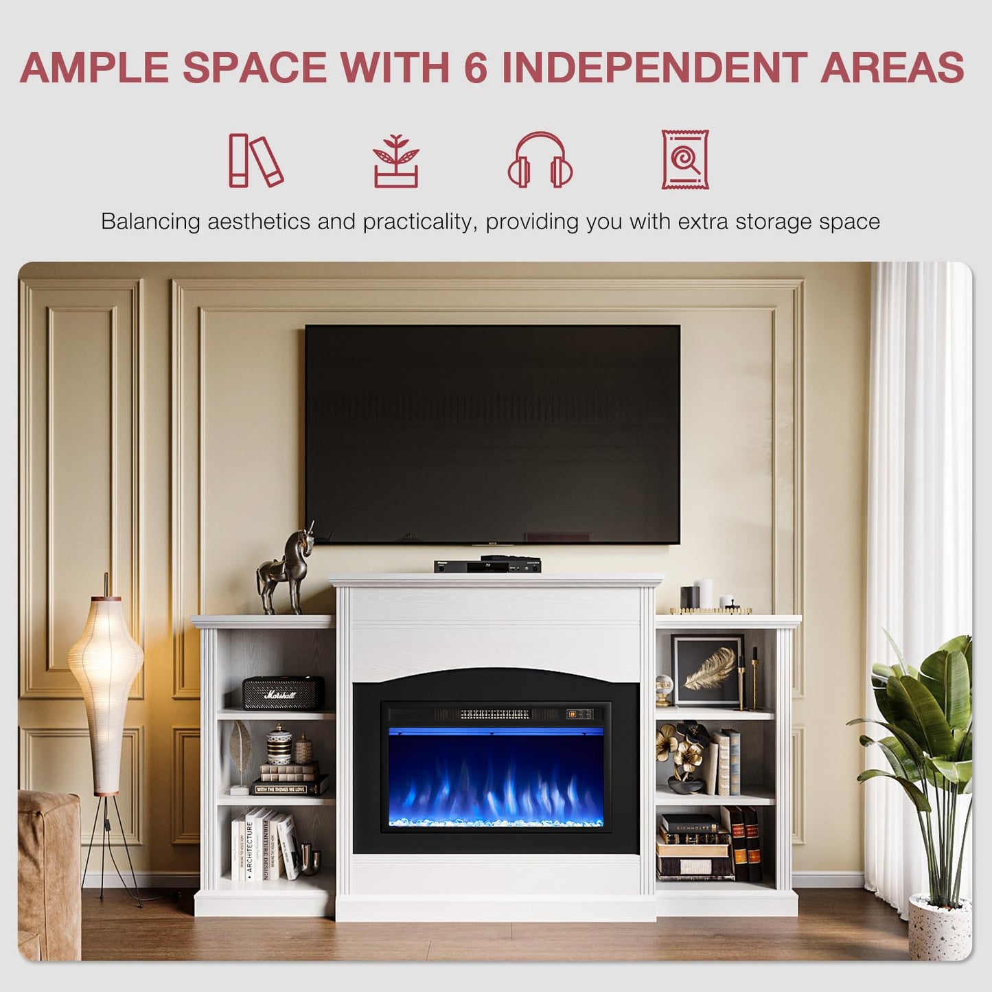 oneinmil Electric Fireplace with 67" Mantel, Fireplace TV Stand with Storage Shelves, 23'' Multifunctional Fire Places Insert Heater, Remote Control, for Living Room or Bedroom, White