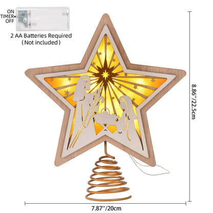 Christmas Star Tree Topper, Wooden 3D Star Glittered Hollow Plug-in Christmas Tree Topper Decoration with LED Light & 6-Hour Timer Function for Indoor Office Holiday Xmas 7.87" x 8.86" (White)